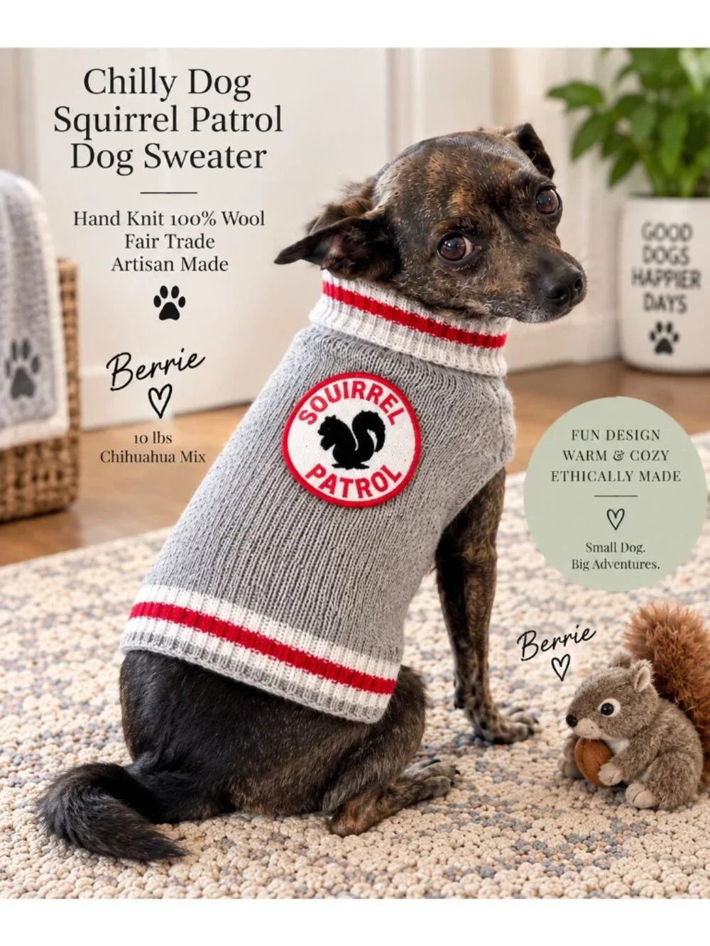 Chilly Dog Squirrel Patrol 100% Wool Hand Knit Dog Sweater Gray Red 14